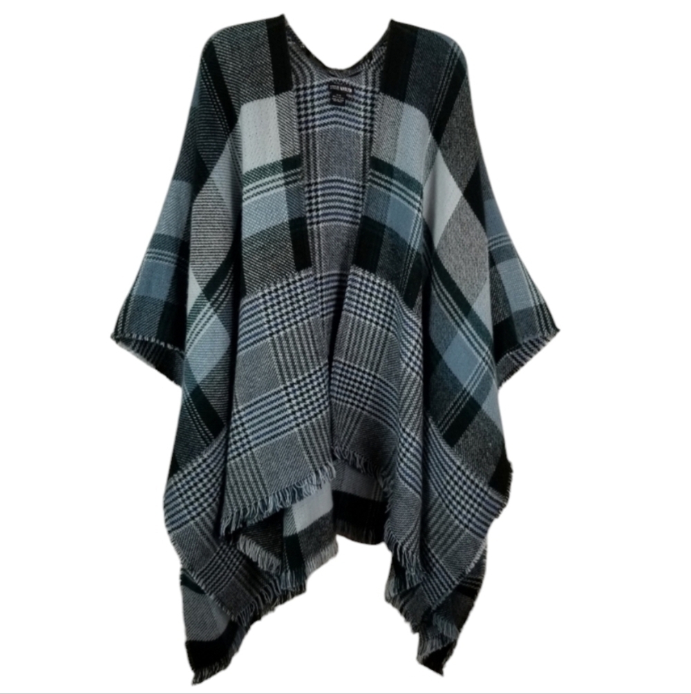 Steve Madden Shawl Open Front Poncho Checked Plaid Wrap Layer OSFM Fringe Soft